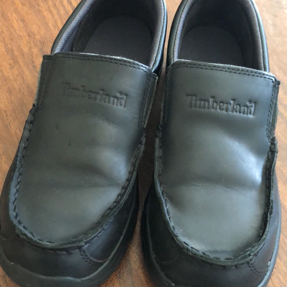 Boys black leather Timberland dress shoes
